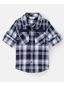 Infinity - Indigo Cotton Full Sleeves Checks Boys Shirt-Navy-Green