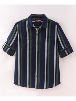 Infinity - Indigo Cotton Full Sleeves Striped Boys Shirt-Navy Blue and Green