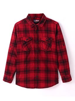 Infinity - Corduroy Cotton Full Sleeves Checks Boys Shirt- Red