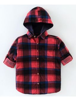 Infinity - Corduroy Cotton Full Sleeves Check shirt with Hoodie-Red (Set of 2)
