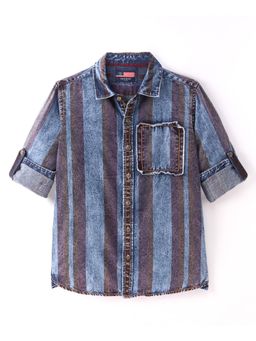 Infinity - Denim Cotton Woven Full Sleeves Striped Shirt-Blue