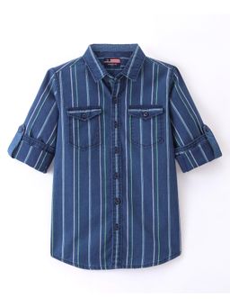 Infinity - Indigo Cotton Woven Full Sleeves Striped Shirt-Navy Blue and Green