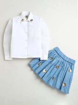 ZIP ZAP ZOOP - White Sequin Flower Cotton Shirt with Skirt (Set of 2)