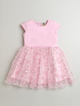 ZIP ZAP ZOOP - Pink Star Print Cap Sleeve Cotton Top & Net Bottom Party Dress