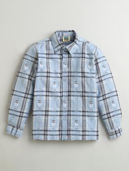 ZIP ZAP ZOOP - Sky Blue & Grey Snowman Checkered Cotton Full Sleeve Collar Neck Shirt