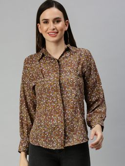 SHOWOFF - Women Slim Fit Roll-Up Sleeves Brown Floral Shirt