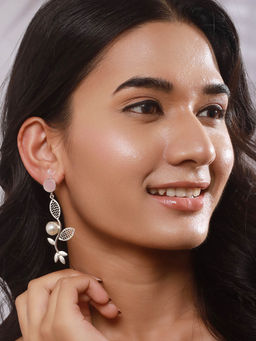 Aatmana - Silver-Plated Pink Stone Pearl Drop Earrings