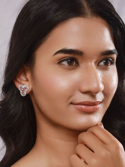 Aatmana - Silver-Plated Pink American Diamond Floral Stud Earrings