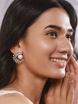 Aatmana - Silver Plated Pearl and American Diamond Chunky Stud Earrings