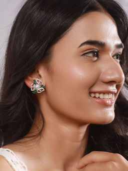 Aatmana - Silver Plated Green American Diamond Floral Stud Earrings