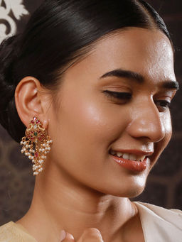 Aatmana - 22Kt Gold Plated American Diamond Peacock Shaped Drop Earrings