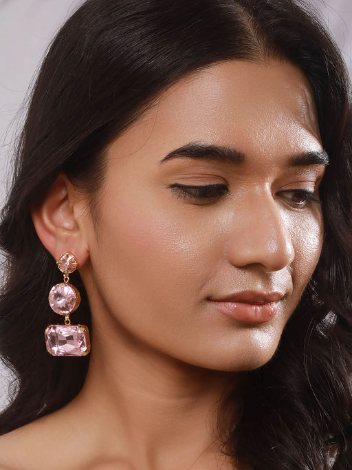 Aatmana Gold Plated Pink Artificial Stones Drop Earrings