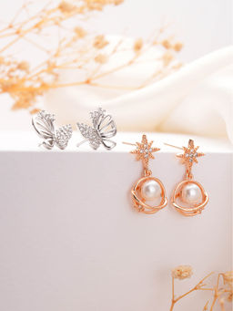 Aatmana - Gold Plated Pearl Beaded and Cz Studded Drop Earrings (Pack of 2)