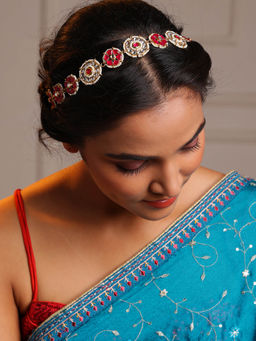 PANASH - Gold-Plated Red Kundan Stone Studded and Pearl Mathapatti