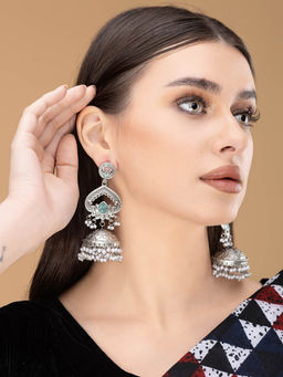 PANASH - Mint Green Stone Studded Pearl Jhumka Earrings