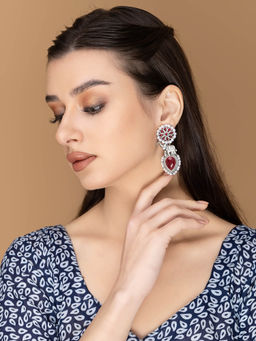 PANASH - Red Stone Studded Pearl Drop Earrings