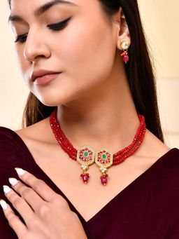 Silvermerc Designs - Red Beaded Stone Gold Plated Necklace and Earring Set