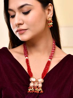 Silvermerc Designs - Red Beaded Kundan Gold Plated Jewellery Set