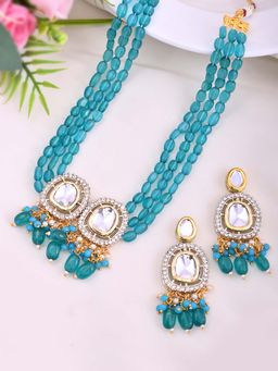 Silvermerc Designs - Blue Beaded and Kundan Necklace and Earrings Set