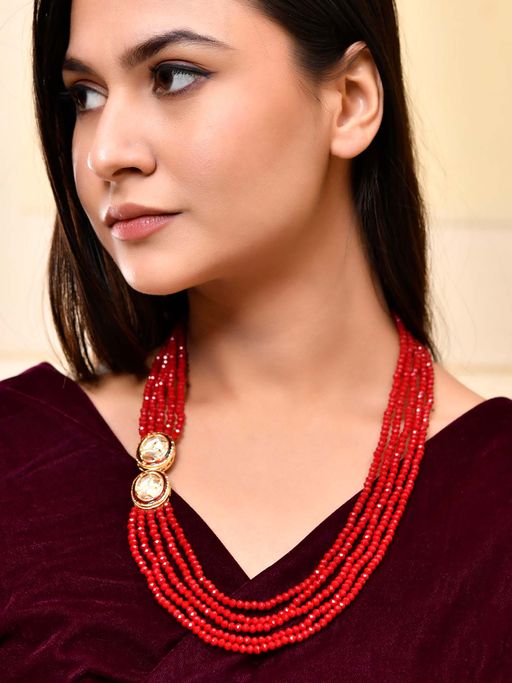 Silvermerc Designs Red Multi-Strand Beaded Kundan Necklace