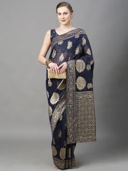 Akhilam - Womens Cotton Silk Navy Blue Woven Design Saree with Unstitched Blouse