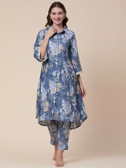 FASHOR - Abstract Floral Foil Printed A-line Paneled Kurta With Pant - Blue (Set of 2)