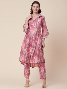 FASHOR - Abstract Floral Foil Printed A-line Paneled Kurta With Pant - Mauve (Set of 2)