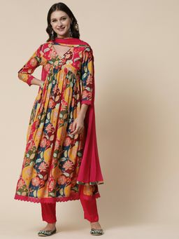 FASHOR - Printed Cutdana & Beads High Slit Kurta With Pants & Dupatta - Multi (Set of 3)