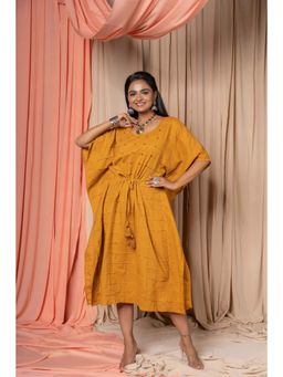 NAVYAS FASHION - Golden Mustard Checks Cotton Kaftan