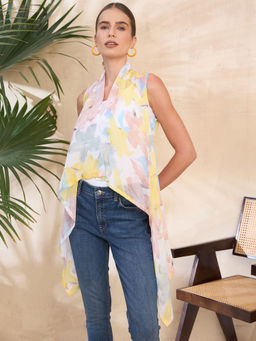 KASSUALLY - Yellow Casual High Low Floral Printed Shrug