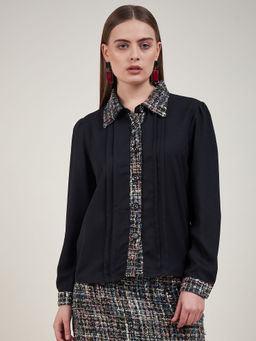 KASSUALLY - Black Casual Solid Tweed Tailored Full Sleeves Shirt