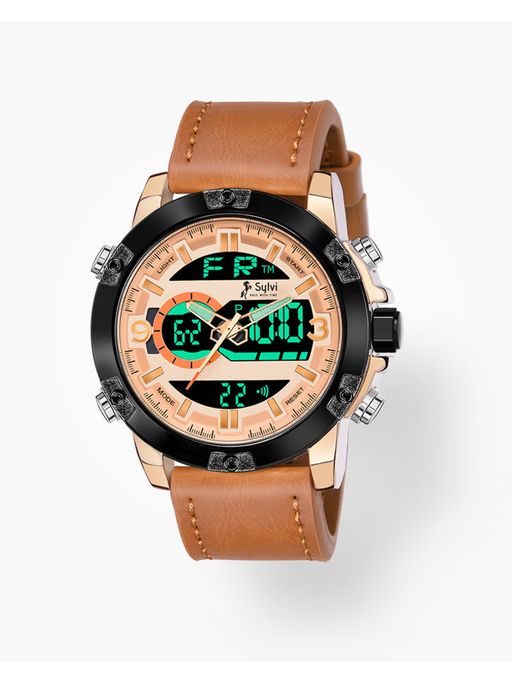 Buy Sylvi Leather Strap Digital Analogue Watch For Men Beige
