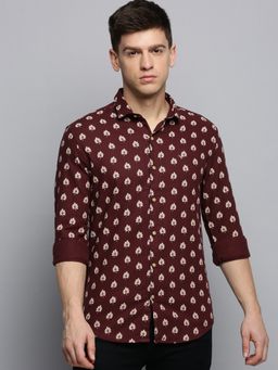 SHOWOFF - Mens Spread Collar Printed Coffee Brown Classic Shirt