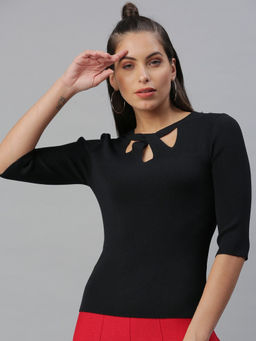 SHOWOFFFF - Women Black Solid Fitted Top