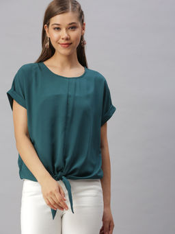 SHOWOFFFF - Women Green Solid Cinched Waist Top