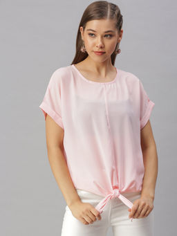 SHOWOFF - Women Pink Solid Cinched Waist Top