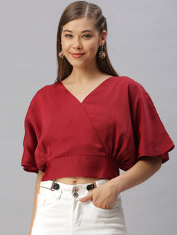 SHOWOFF - Women Maroon Solid Cinched Waist Top