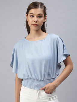 SHOWOFF - Women Blue Solid Cinched Waist Top