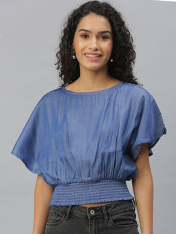 SHOWOFFFF - Women Blue Solid Cinched Waist Top