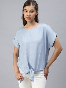SHOWOFF - Women Blue Solid Cinched Waist Top