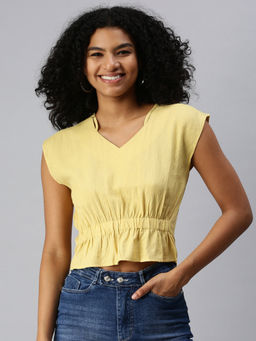 SHOWOFF - Women Yellow Solid Cinched Waist Crop Top
