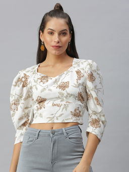 SHOWOFF - Women Off White Floral Cinched Waist Top