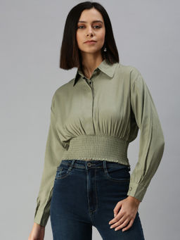 SHOWOFF - Women Olive Solid Cinched Waist Top