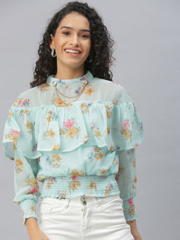 SHOWOFF - Women Sea Green Floral Cinched Waist Top