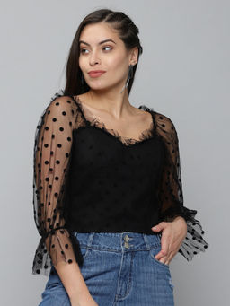 SHOWOFFFF - Women Black Self Design Fitted Top
