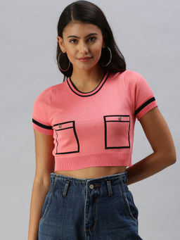 SHOWOFFFF - Women Pink Solid Fitted Crop Top