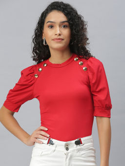 SHOWOFF - Women Red Solid Fitted Top