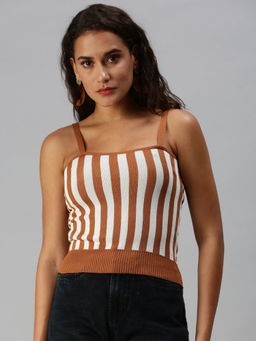 SHOWOFF - Women Brown Vertical Stripes Fitted Crop Top