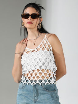 SHOWOFFFF - Women White Solid Sheer Top