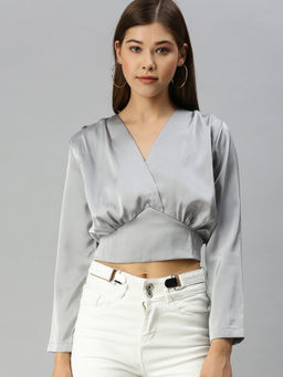 SHOWOFFFF - Women Grey Solid Cinched Waist Top